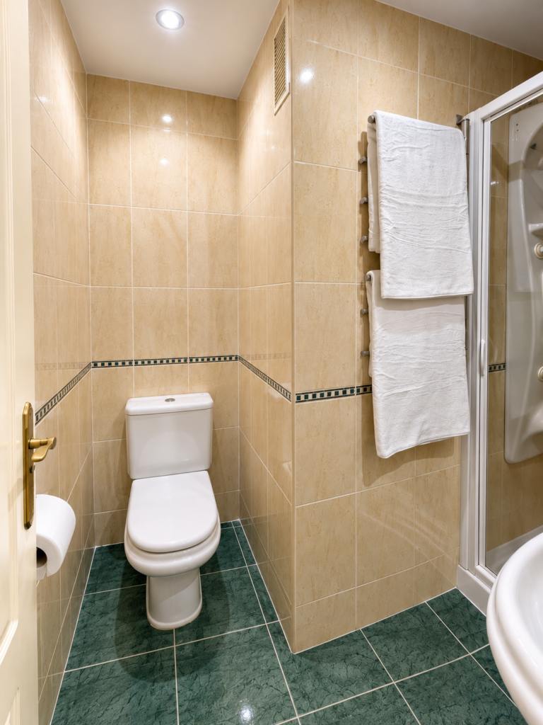 Baño independiente de Ático MarLuc en El Campello con suelo verde y toallero