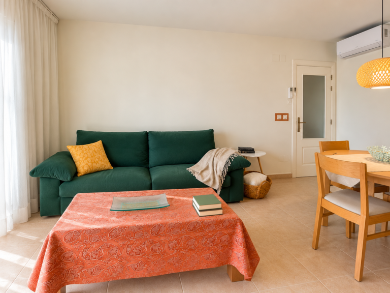 Sofá verde y mesa de centro del salón de Ático MarLuc en El Campello